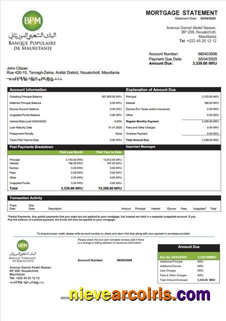 Mauritania Banque Populaire de Mauritanie (BPM) mortgage statement Word and PDF template